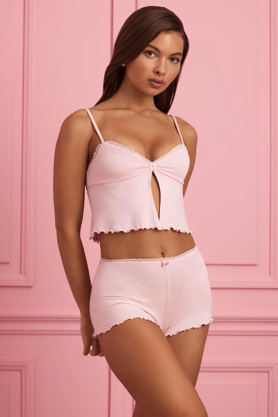 pyjamashorts met kanten rand en middelhoge taille in babyroze