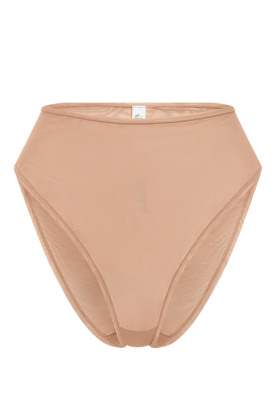 zachte mesh slip met hoge taille in warme perzikkleur.