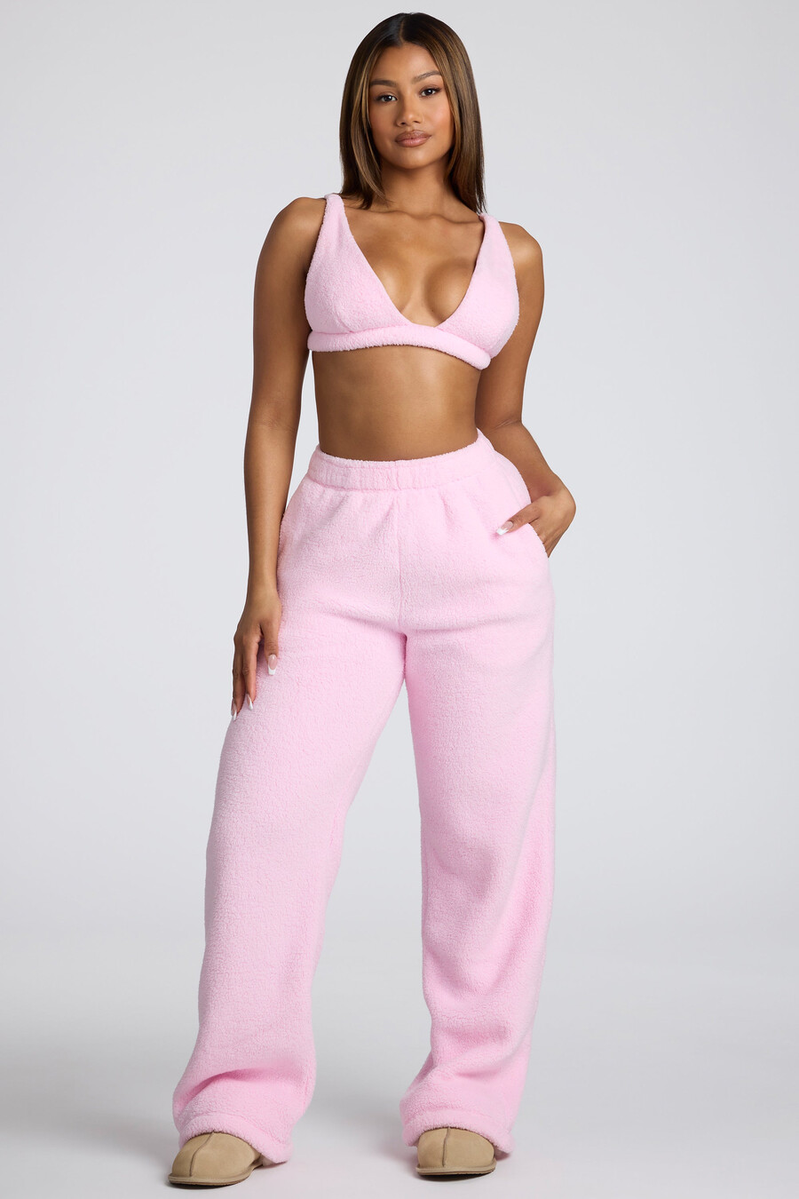 fleece bralette met v-hals in babyroze
