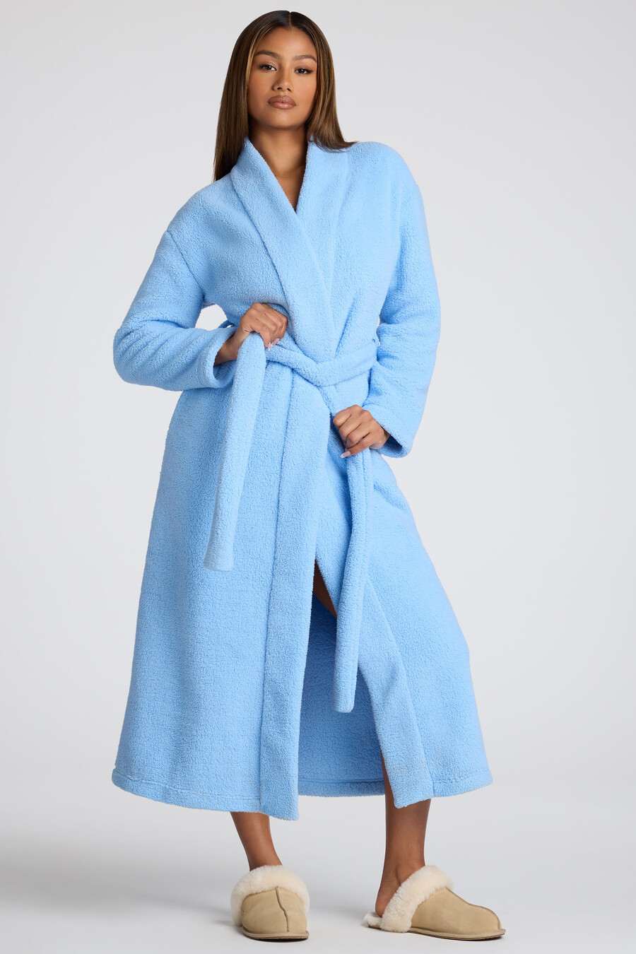 fleece badjas met strik aan de voorkant in lichtblauw