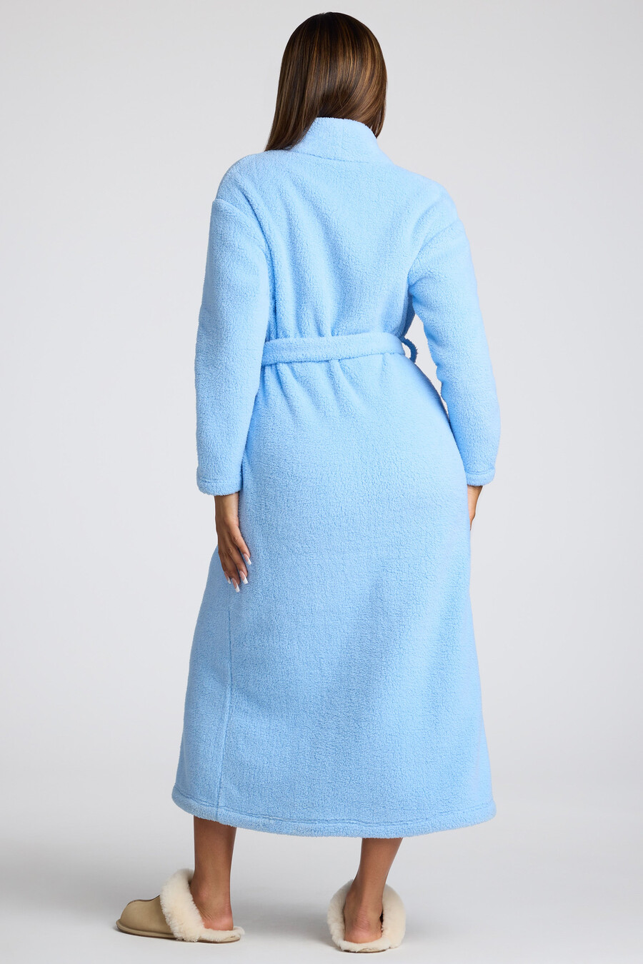 fleece badjas met strik aan de voorkant in lichtblauw