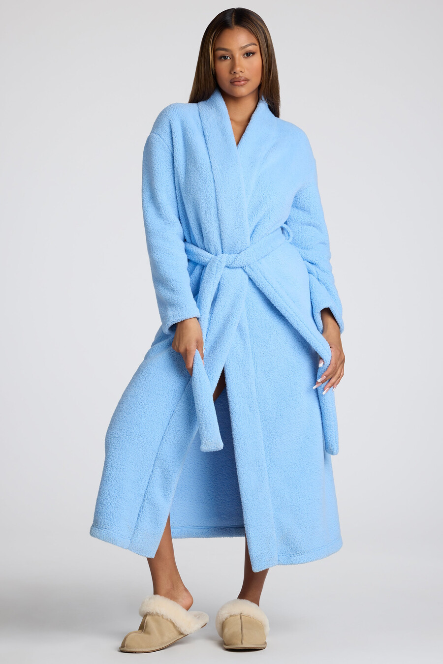 fleece badjas met strik aan de voorkant in lichtblauw