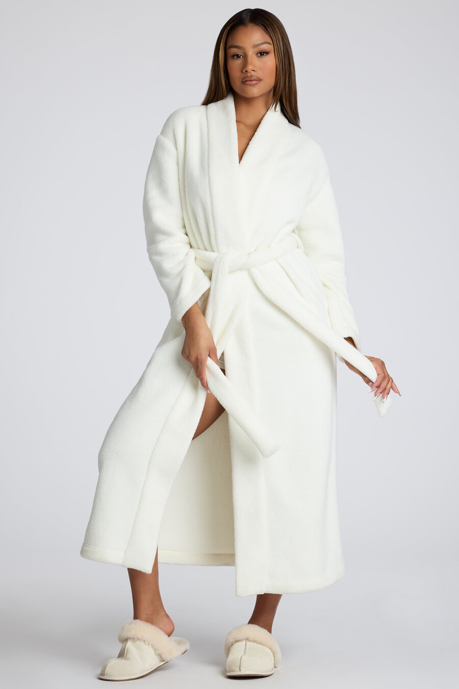 fleece badjas met strik aan de voorkant in wit