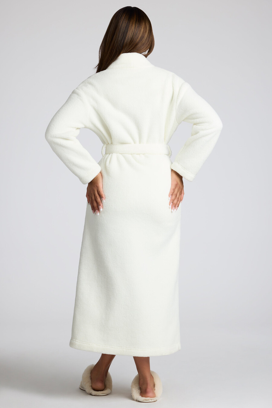 fleece badjas met strik aan de voorkant in wit