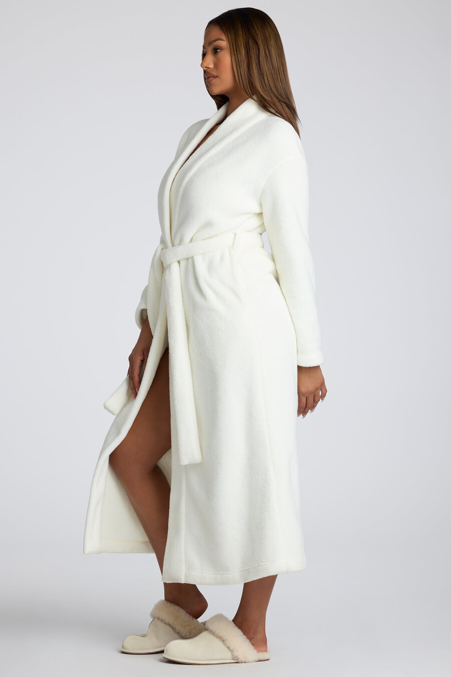 fleece badjas met strik aan de voorkant in wit