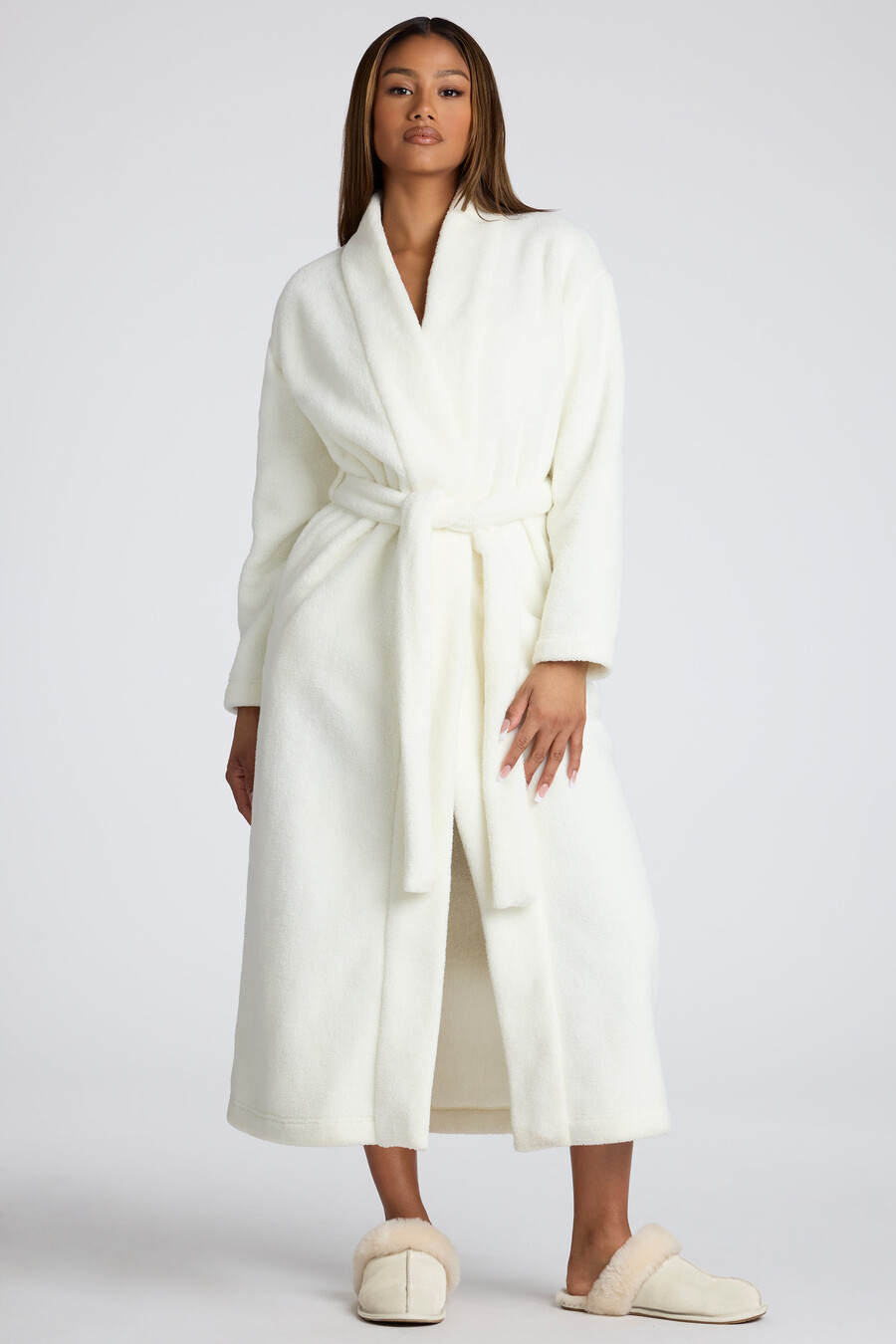 fleece badjas met strik aan de voorkant in wit