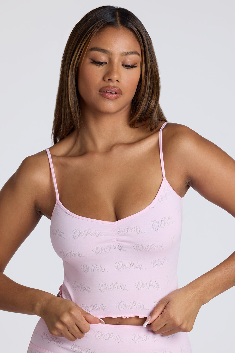 strappy crop top met ruches en pointelle-details in babyroze.