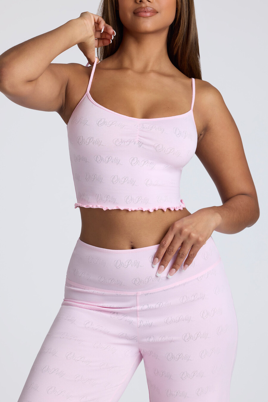 strappy crop top met ruches en pointelle-details in babyroze.