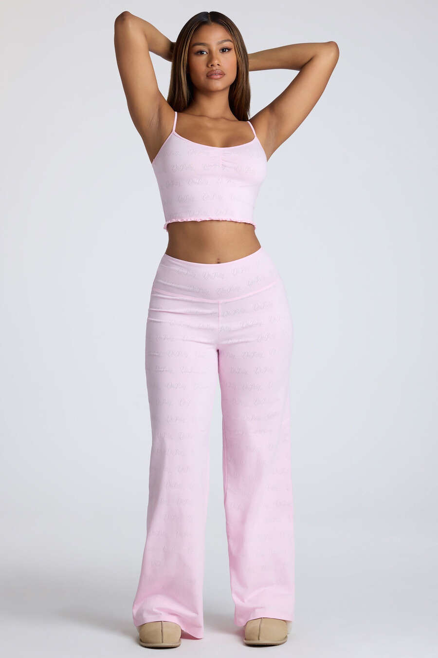 strappy crop top met ruches en pointelle-details in babyroze.