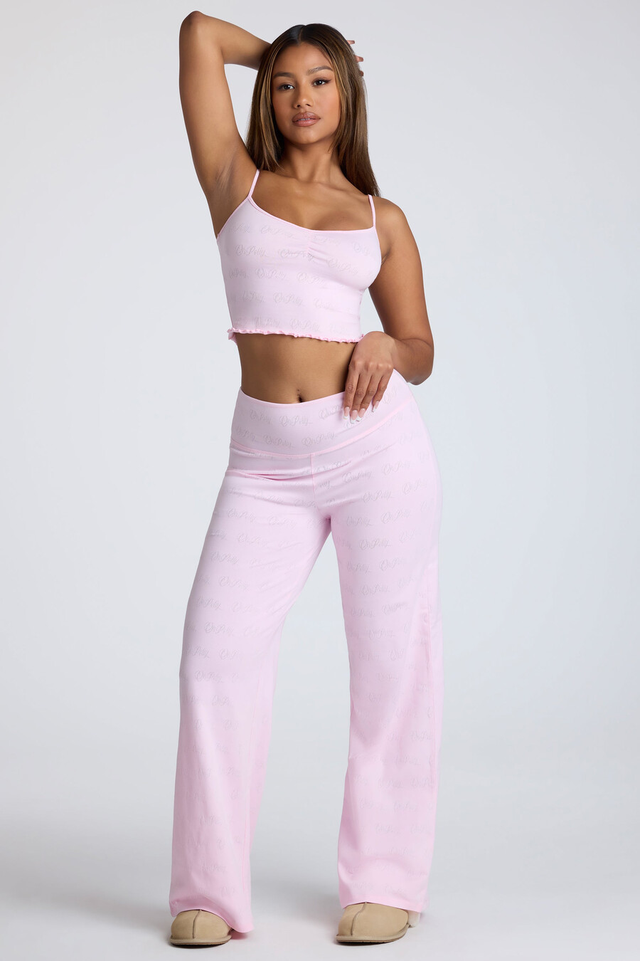 strappy crop top met ruches en pointelle-details in babyroze.