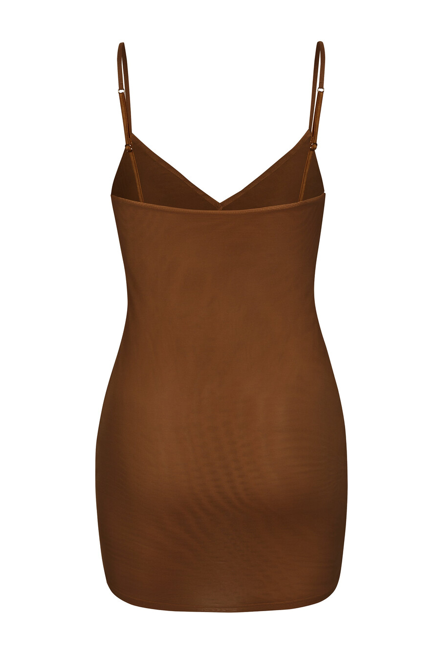zachte mesh mini-slipjurk met v-hals in kastanjebruin.