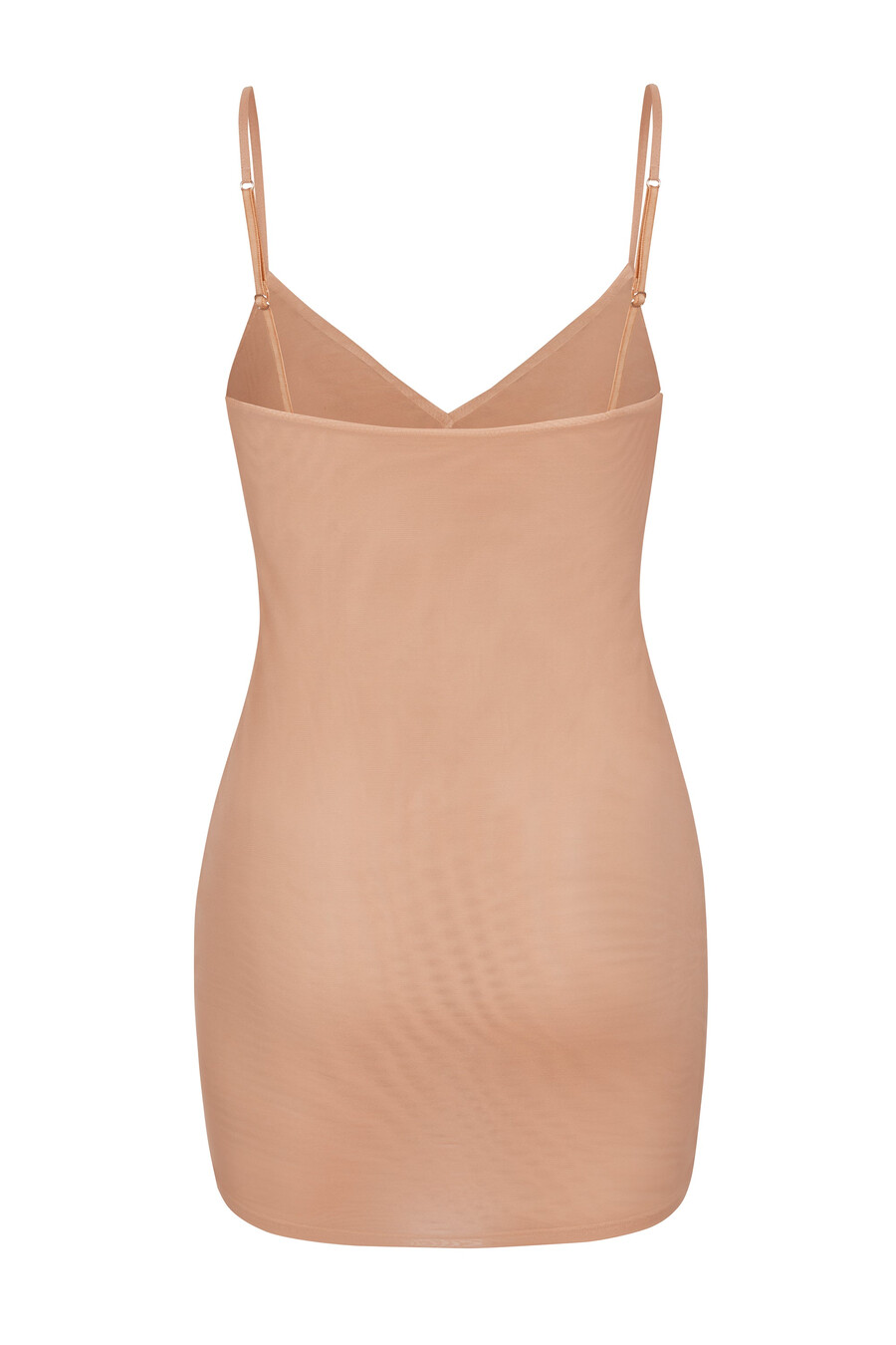 zachte mesh mini-slipjurk met v-hals in warme perzikkleur.