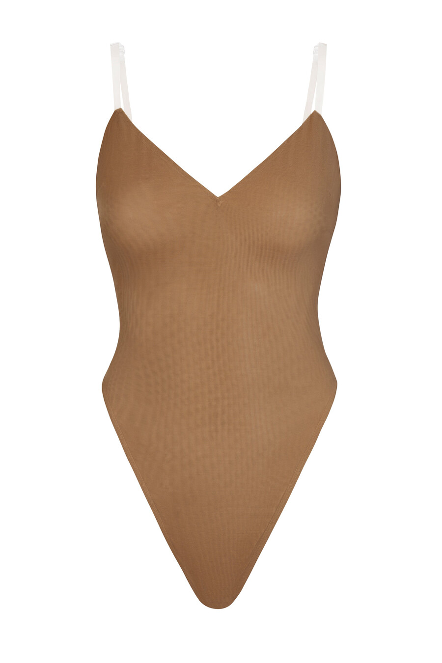 zachte mesh bodysuit met v-hals in amandelkleur