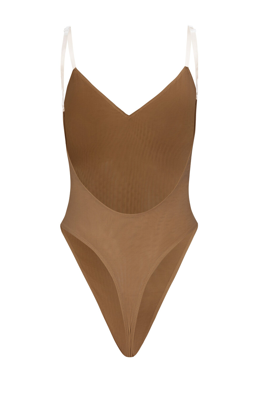 zachte mesh bodysuit met v-hals in amandelkleur