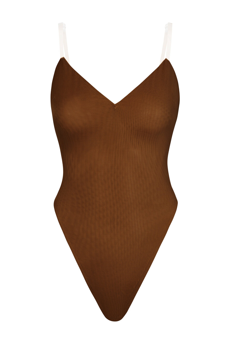 zachte mesh bodysuit met v-hals in kastanjebruin.
