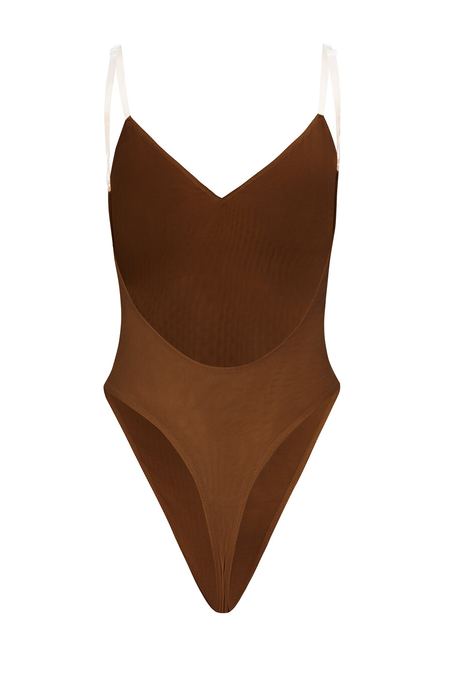 zachte mesh bodysuit met v-hals in kastanjebruin.