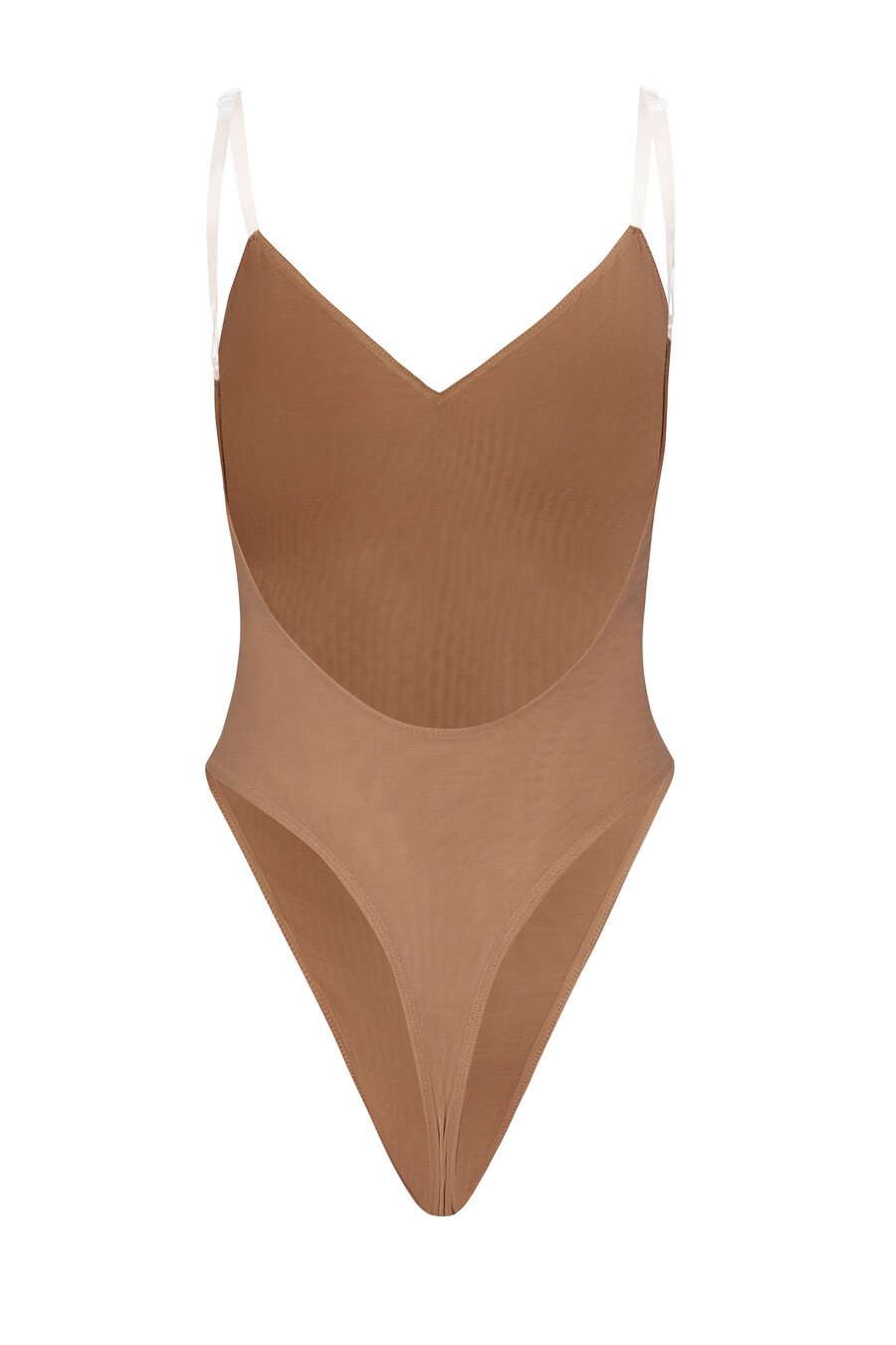 zachte mesh bodysuit met v-hals in honingkleur