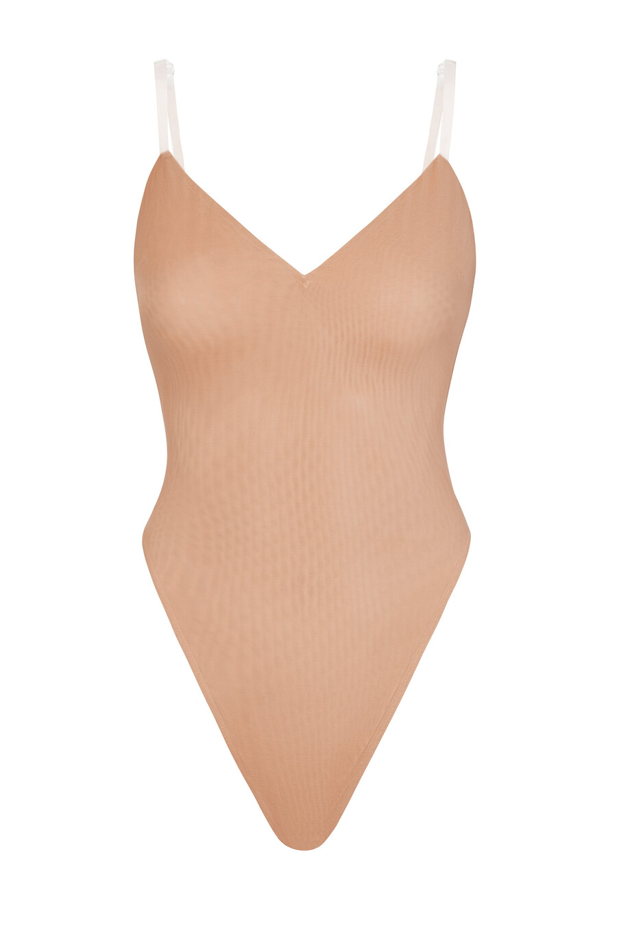 zachte mesh bodysuit met v-hals in warme perzikkleur.