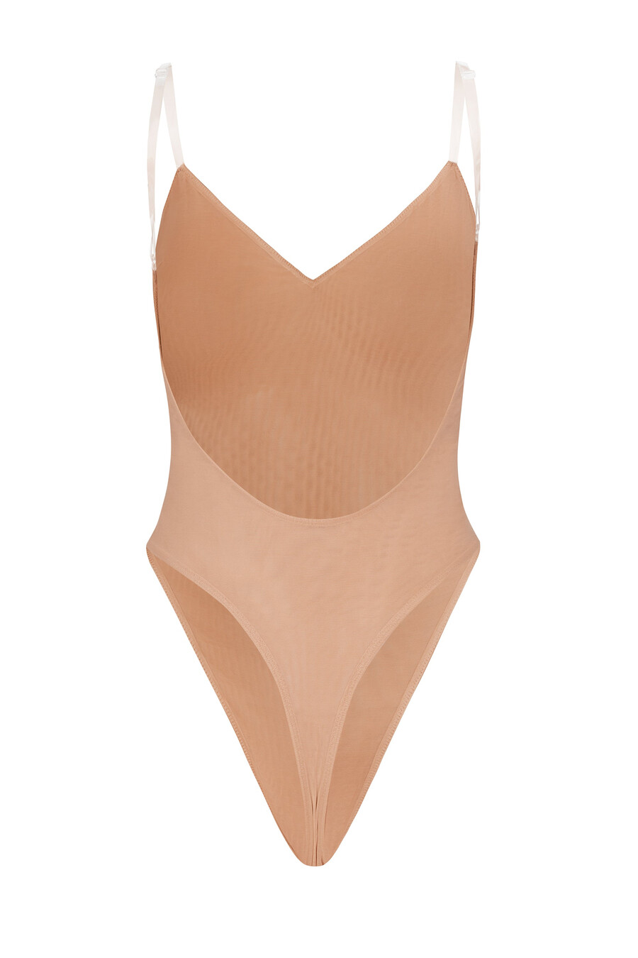 zachte mesh bodysuit met v-hals in warme perzikkleur.