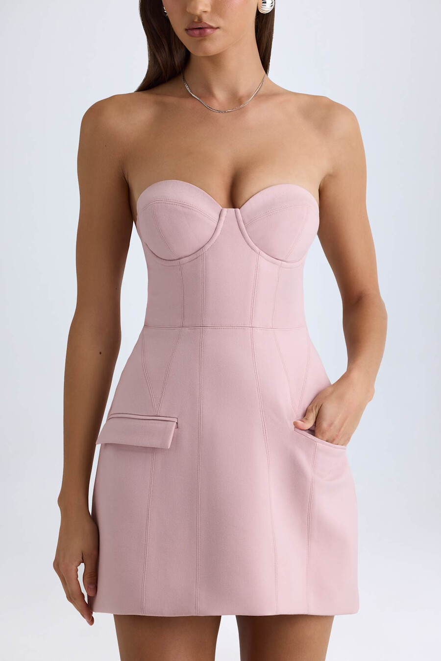 strapless gestructureerde tulpvormige minijurk in roze mauve