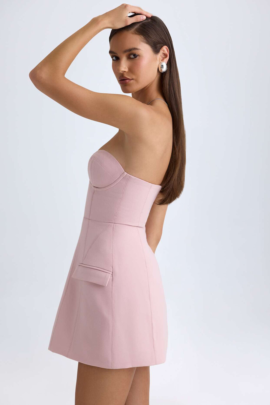 strapless gestructureerde tulpvormige minijurk in roze mauve