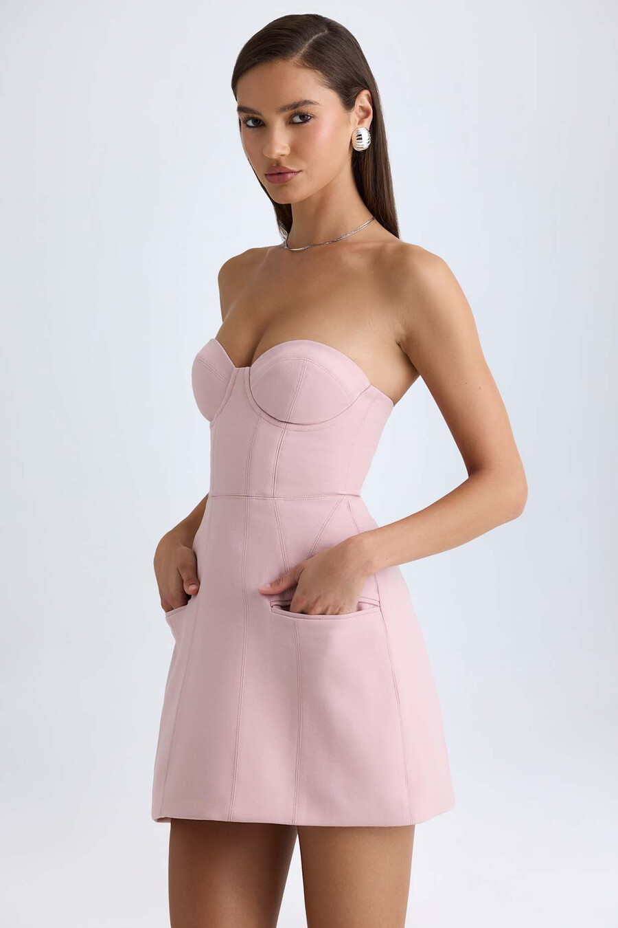 strapless gestructureerde tulpvormige minijurk in roze mauve