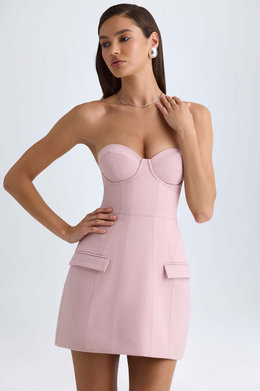 strapless gestructureerde tulpvormige minijurk in roze mauve