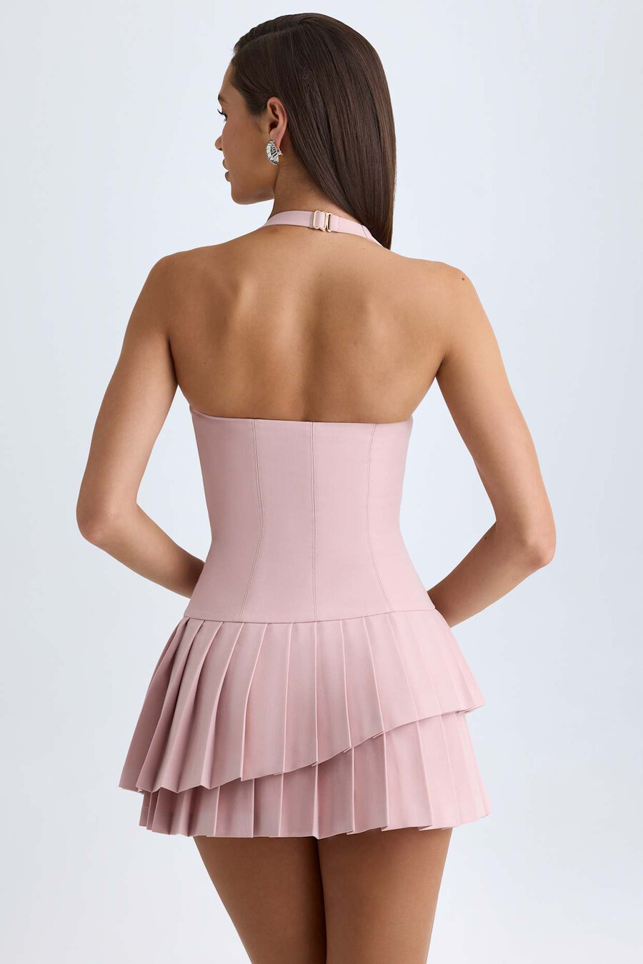 asymmetrisch gelaagd halterjurkje in roze mauve