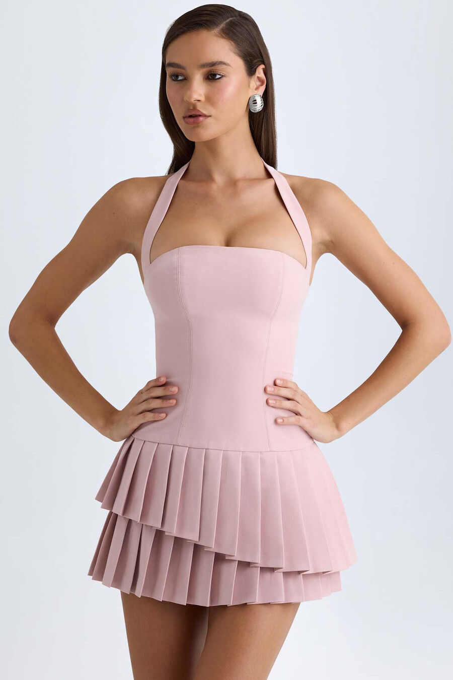 asymmetrisch gelaagd halterjurkje in roze mauve