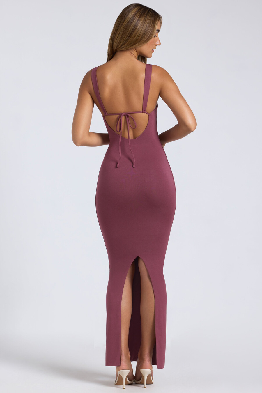 modal maxi-jurk met vierkante hals en lage rug in pruimkleur