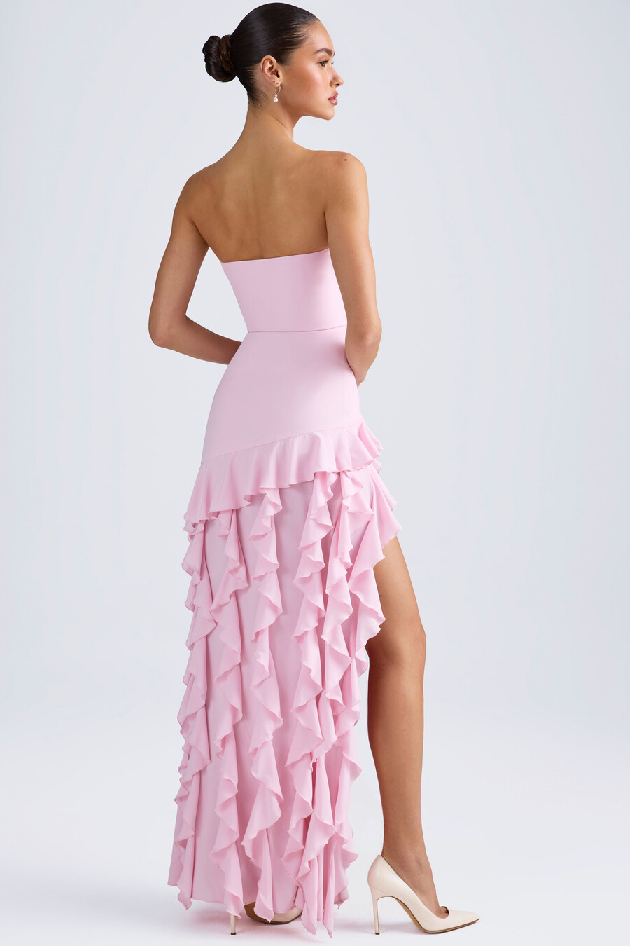 strapless jurk met ruches in lichtroze