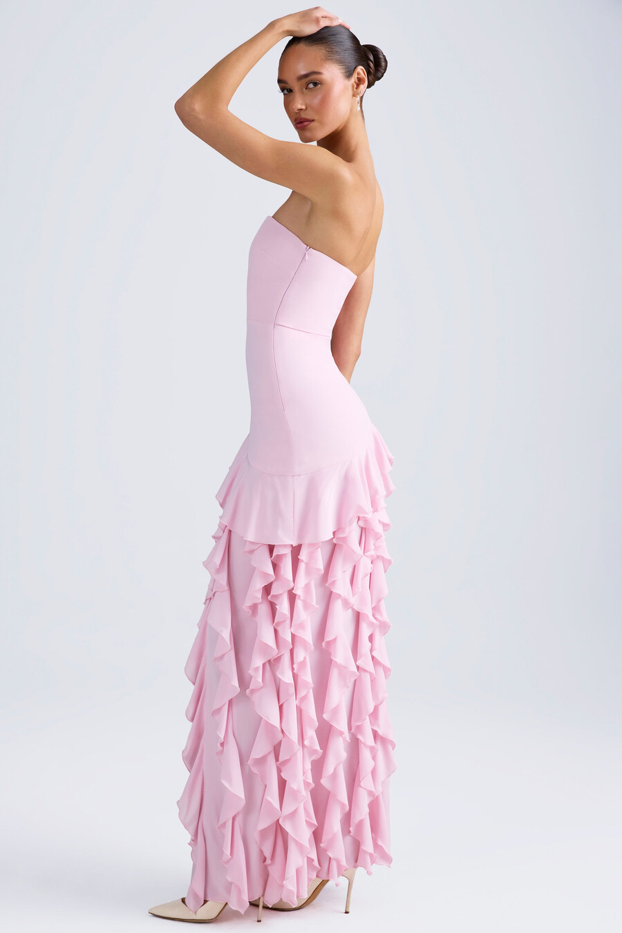 strapless jurk met ruches in lichtroze