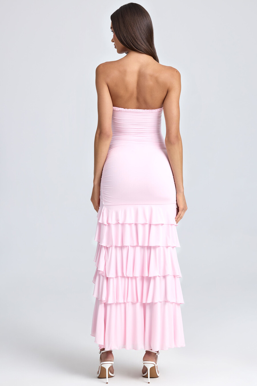 bandeau maxi-jurk met ruches en ruches in roze