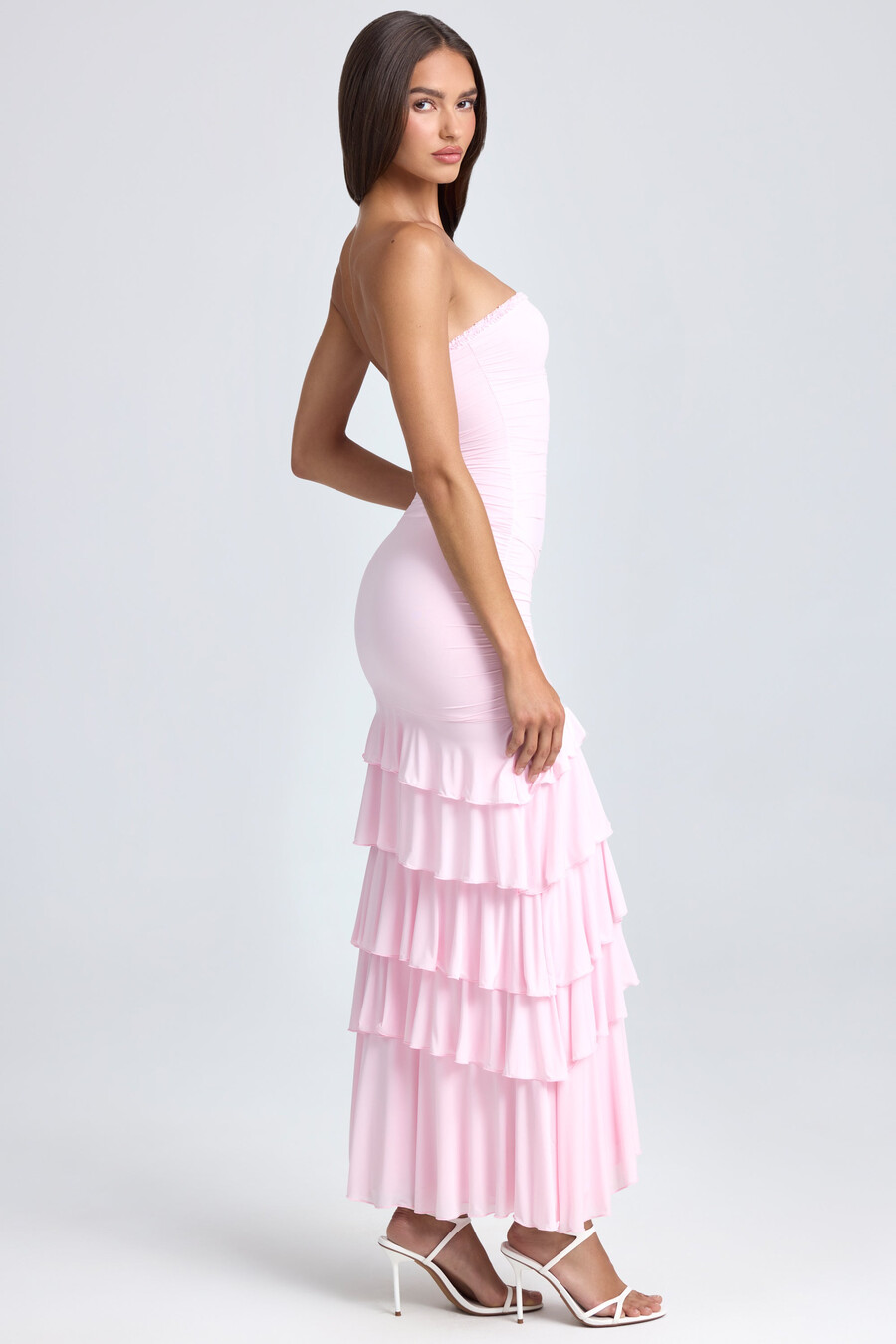 bandeau maxi-jurk met ruches en ruches in roze