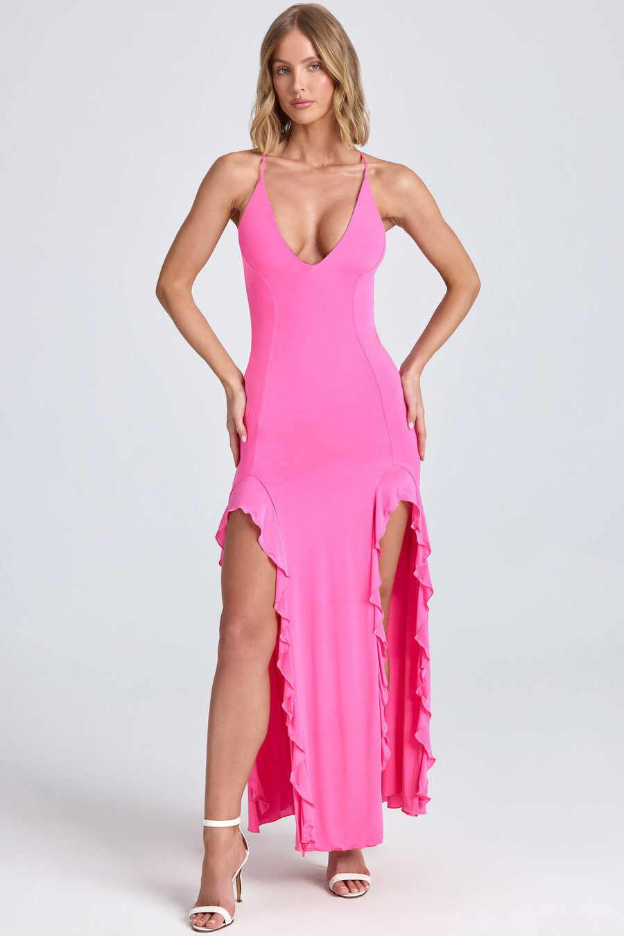 maxi-jurk met ruches en plooien in lollyroze