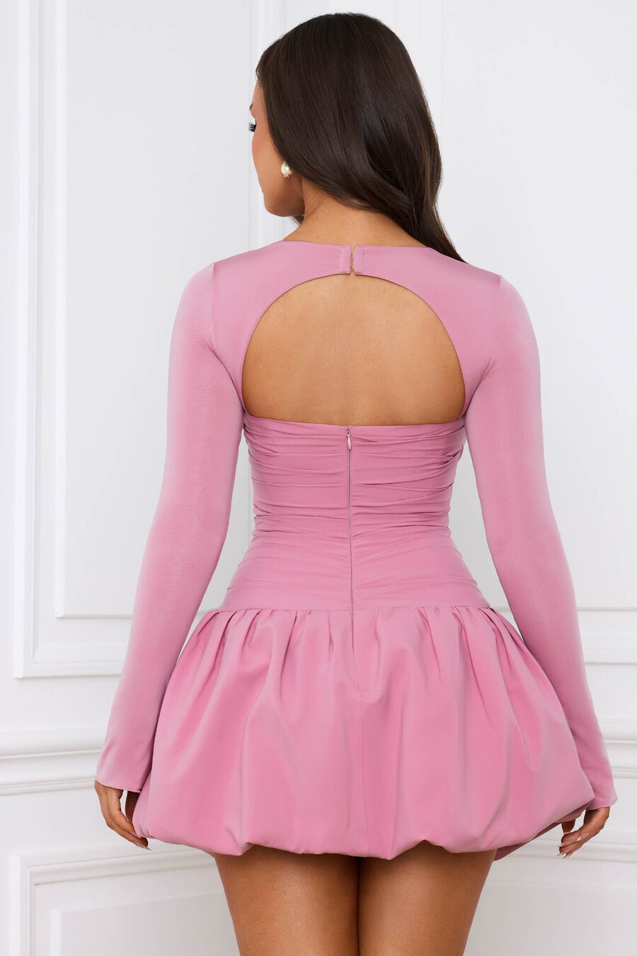 mini-jurk met lange mouwen en ballonzoom in mauve