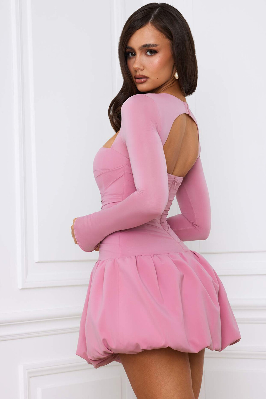 mini-jurk met lange mouwen en ballonzoom in mauve