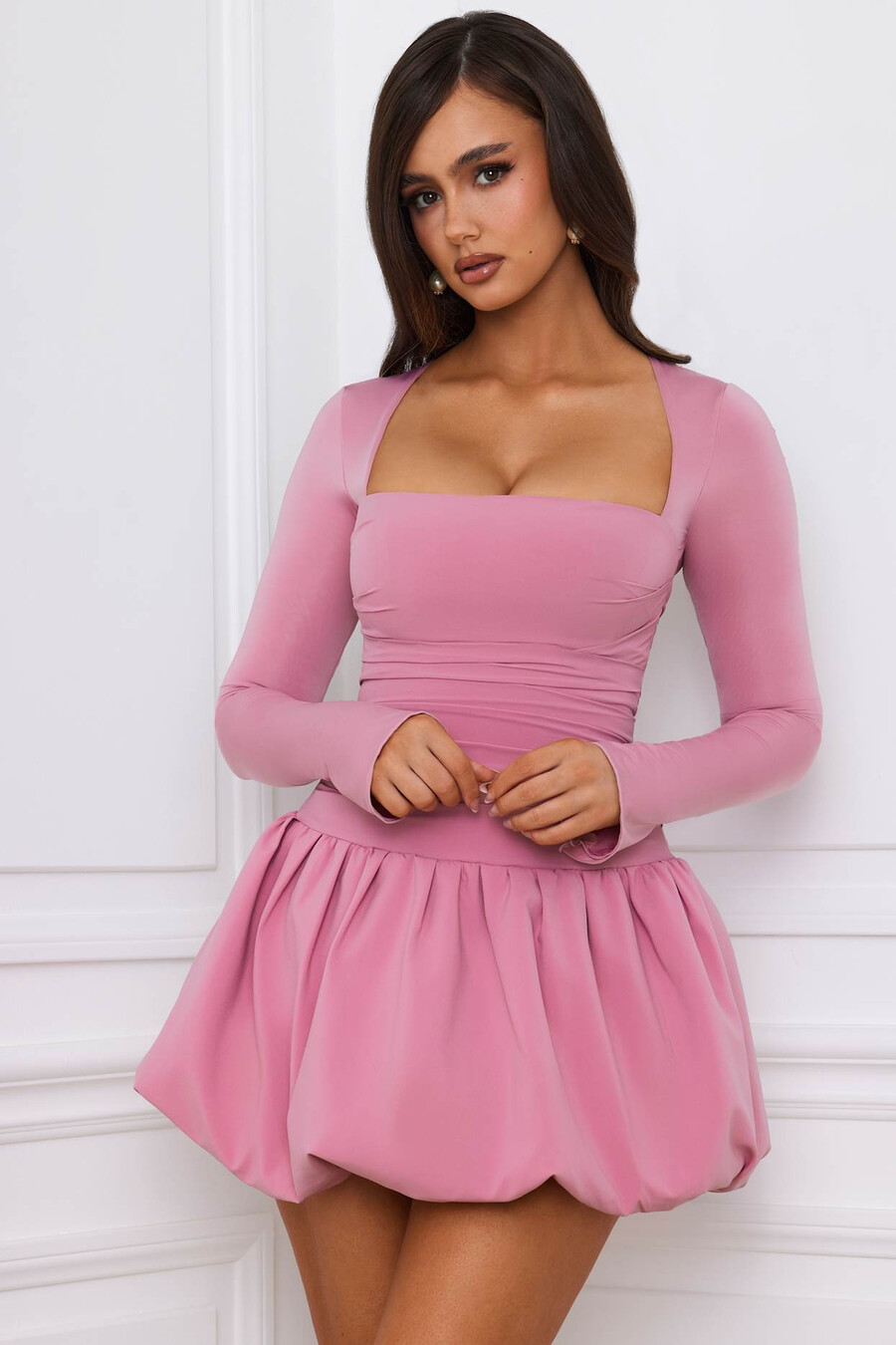 mini-jurk met lange mouwen en ballonzoom in mauve