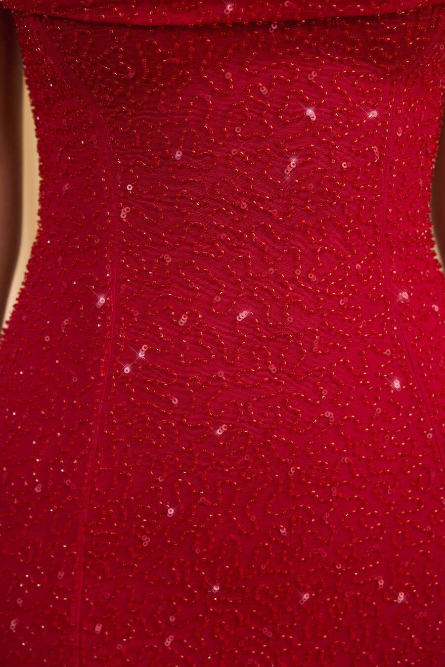 versierde strapless mini-jurk met watervalhals in helder rood