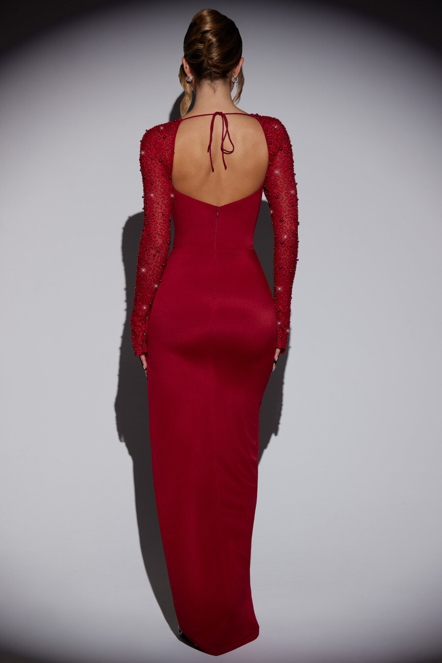 versierde maxi-jurk met zijsplit in rood