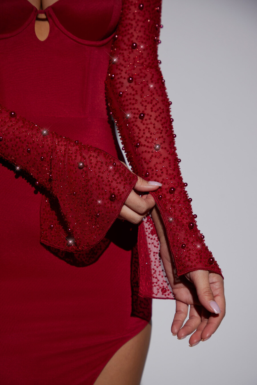 versierde maxi-jurk met zijsplit in rood