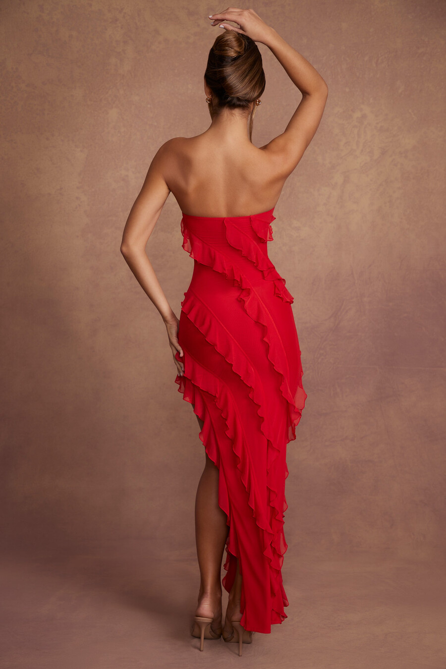 maxi-jurk met bandeau-effect en ruches in rood