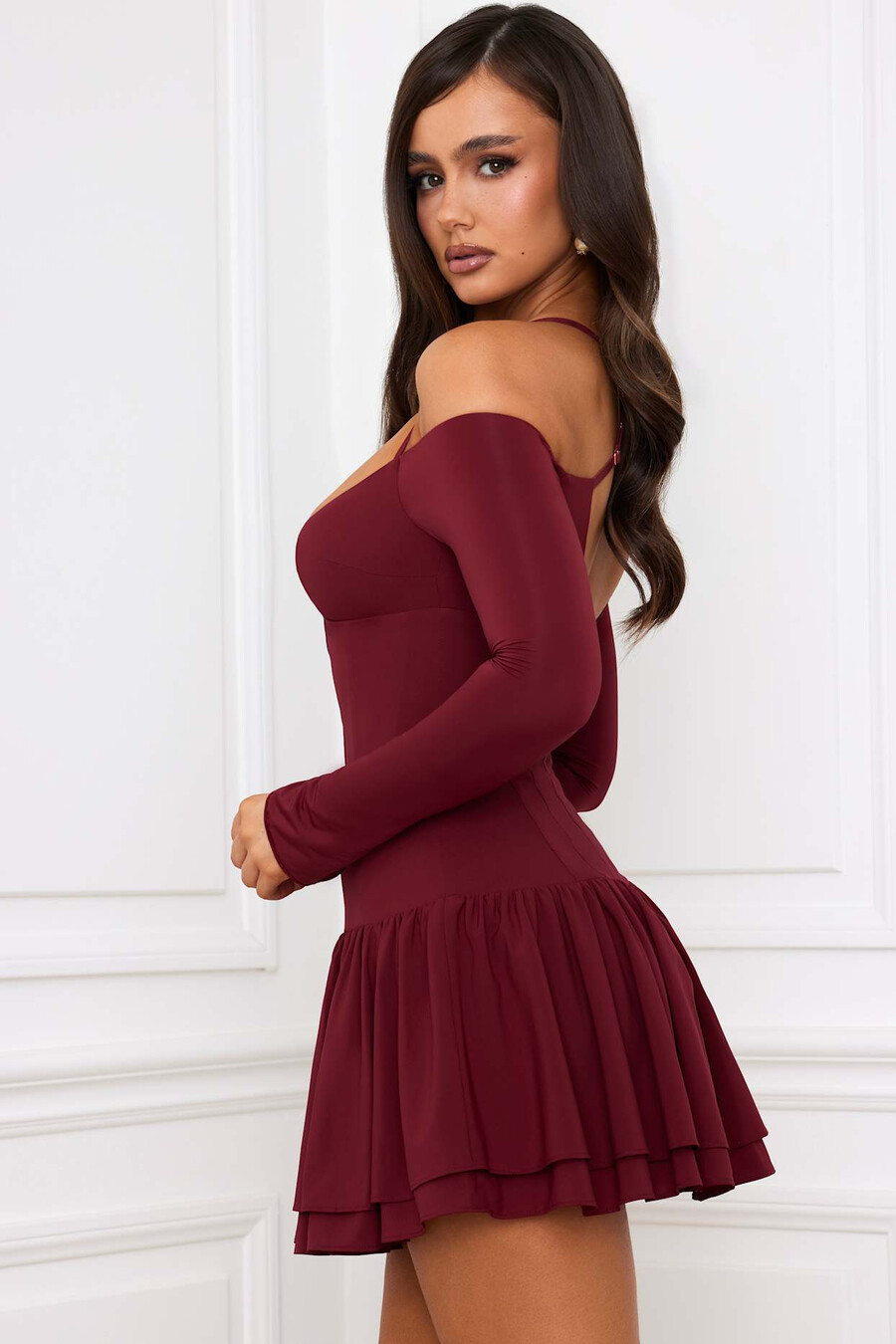 off-shoulder mini-jurk met gelaagd korset in bessenrood