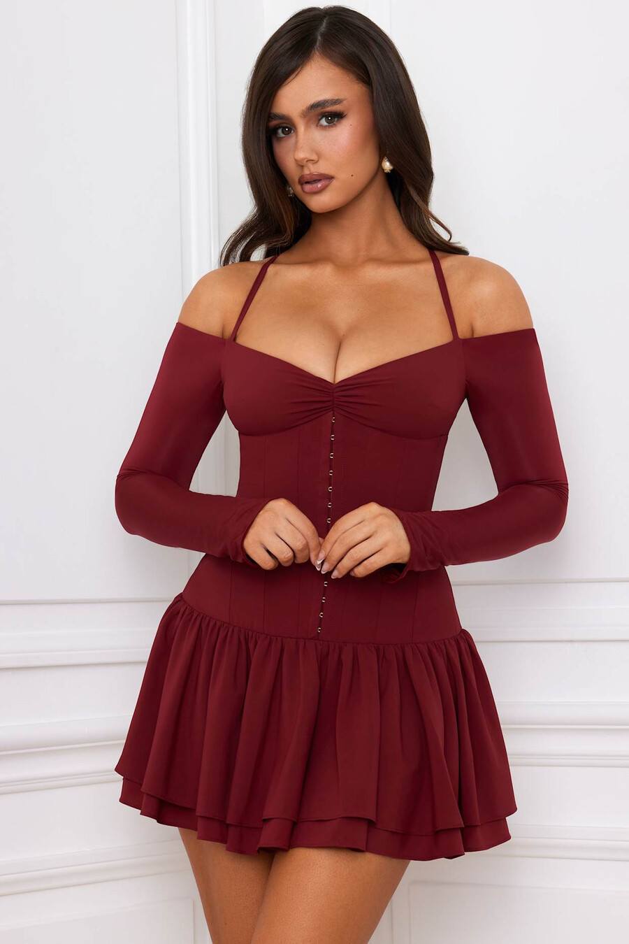 off-shoulder mini-jurk met gelaagd korset in bessenrood