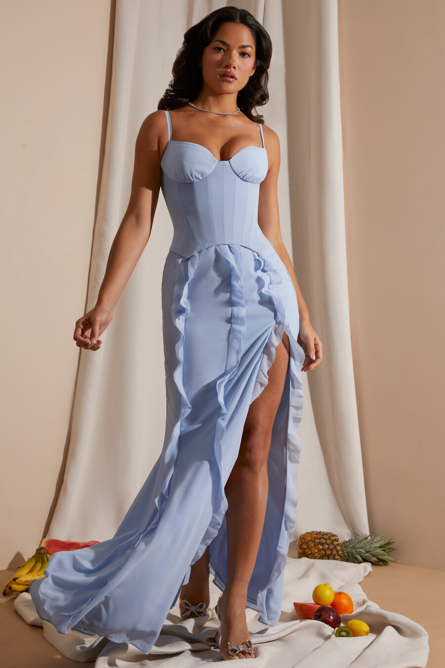 maxi-jurk met korsetrok en ruches in blauw