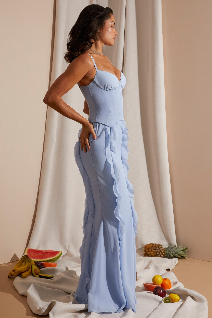 maxi-jurk met korsetrok en ruches in blauw