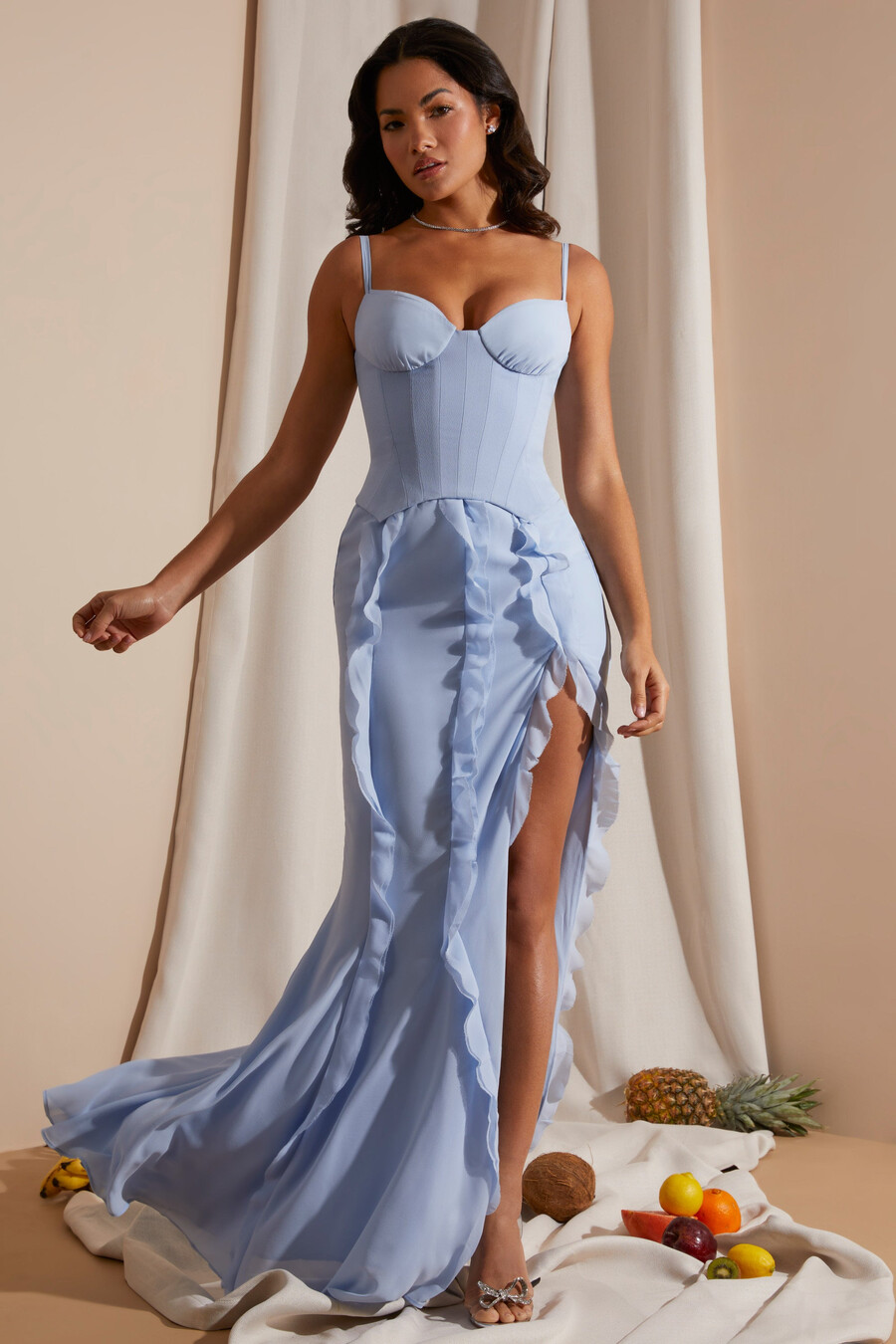 maxi-jurk met korsetrok en ruches in blauw