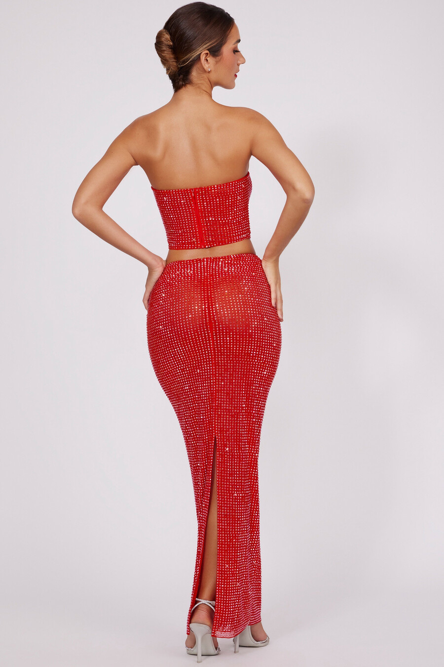 versierde maxi-rok met middelhoge taille in vuurrood