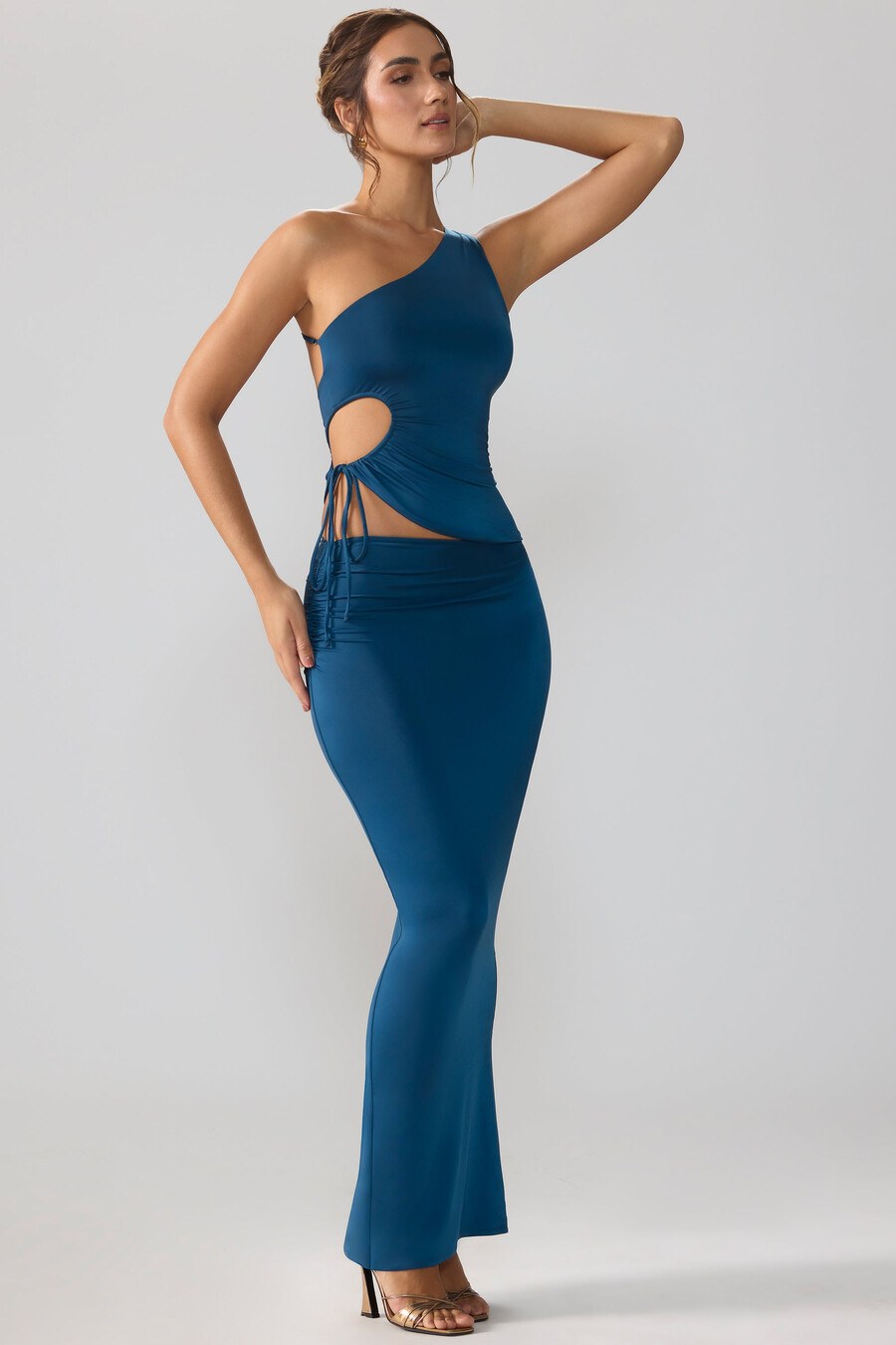 soepelvallende maxi-rok van jersey met asymmetrische taille in middernachtblauw