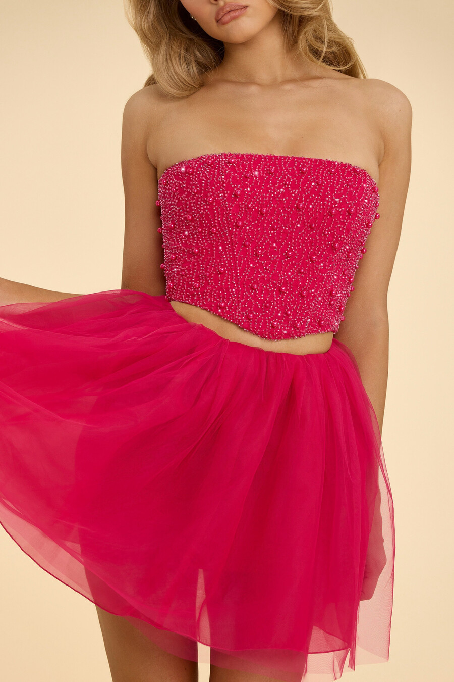 hoge taille minirok van tule in felroze